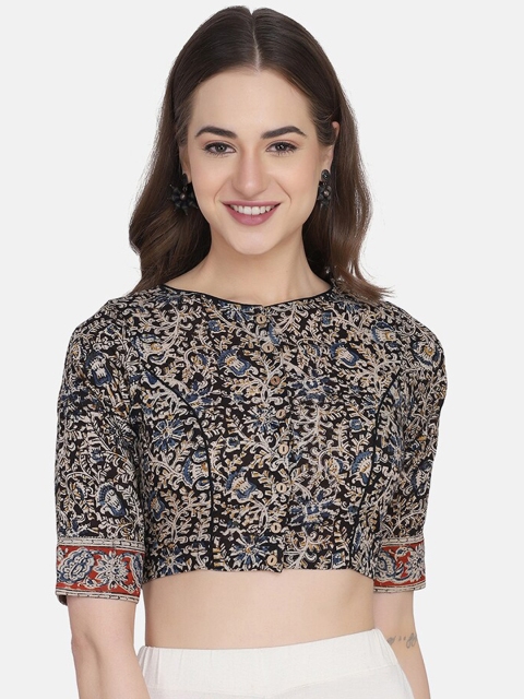 

THE WEAVE TRAVELLER Black Kalamkari Printed Cotton Saree Blouse