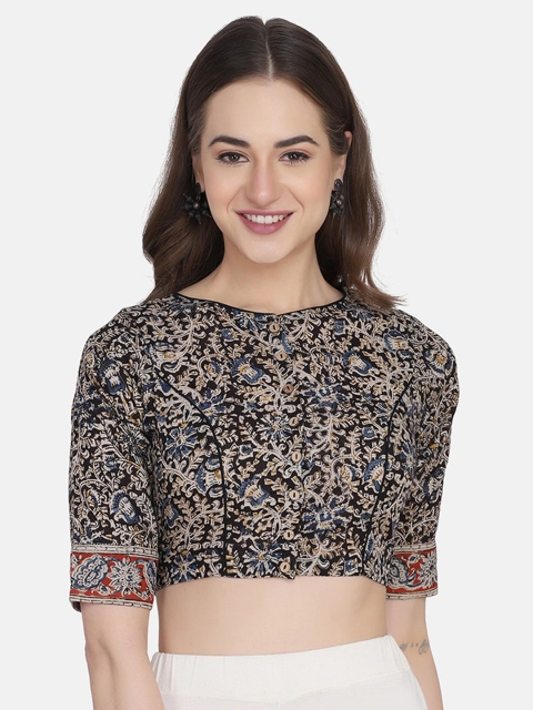 

THE WEAVE TRAVELLER Women Black Hand Block Kalamkari Printed Pure Cotton Saree Blouse