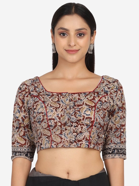 

THE WEAVE TRAVELLER Women Brown & Blue Kalamkari Printed Cotton Saree Blouse