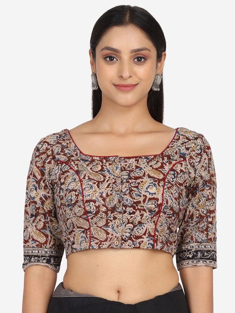 

THE WEAVE TRAVELLER Women Brown Kalamkari Printed Pure Cotton Saree Blouse