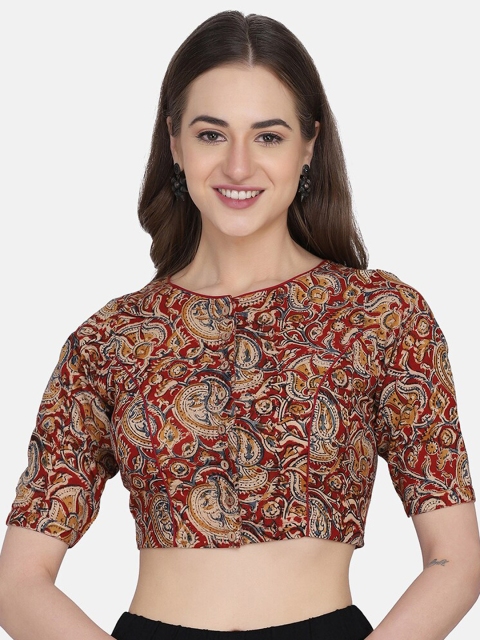 

THE WEAVE TRAVELLER Red & Blue Hand Block Printed Kalamkari Cotton Saree Blouse