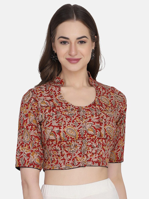 

THE WEAVE TRAVELLER Women Plus Size Red & Beige Printed Cotton Readymade Saree Blouse