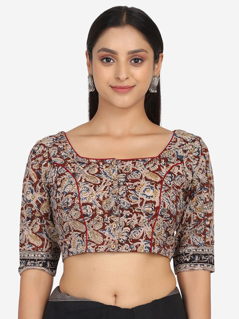 

THE WEAVE TRAVELLER Maroon & Beige Kalamkari Block Printed Cotton Readymade Saree Blouse