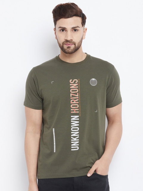 

98 Degree North Men Olive Green & White Printed Round Neck T-shirt