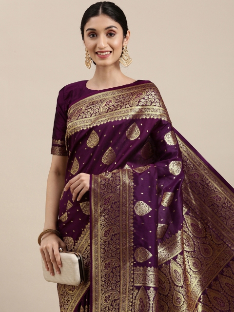 

Mitera Purple & Golden Ethnic Design Silk Blend Kanjeevaram Saree