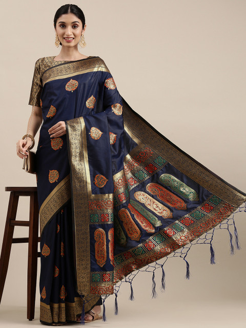 

Mitera Navy Blue & Golden Ethnic Design Silk Blend Kanjeevaram Saree