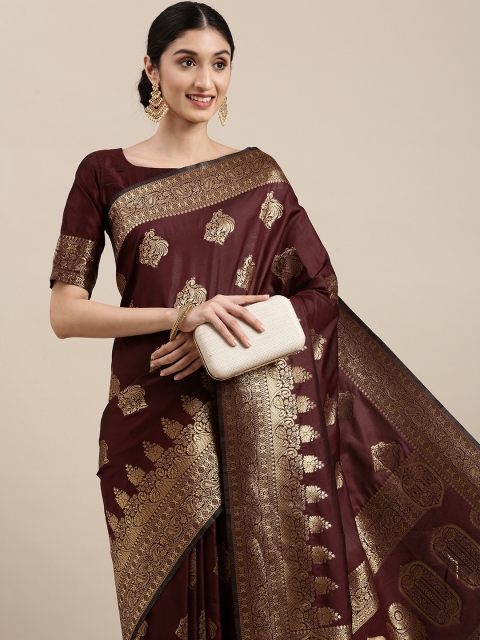 

Mitera Maroon & Golden Ethnic Design Silk Blend Kanjeevaram Saree