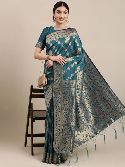 

Mitera Blue & Silver Ethnic Design Silk Blend Kanjeevaram Saree