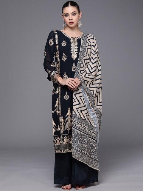 

Mitera Navy Blue & Golden Embroidered Unstitched Dress Material
