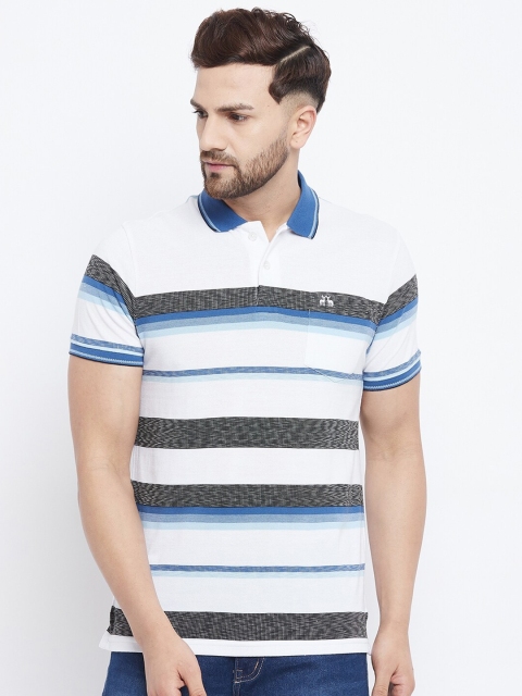 

98 Degree North Men White & Blue Striped Polo Collar T-shirt