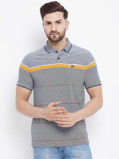 

98 Degree North Men Grey & Yellow Striped Polo Collar T-shirt