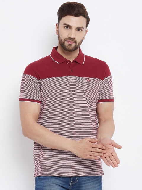 

98 Degree North Men Maroon Striped Polo Collar T-shirt
