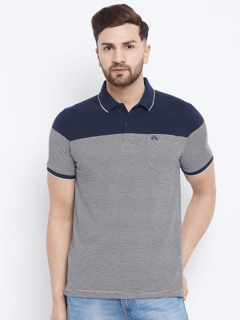 

98 Degree North Men Navy Blue & White Striped Polo Collar T-shirt