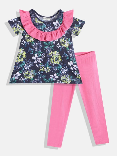

CrayonFlakes Girls Blue & Pink Printed Top with Leggings