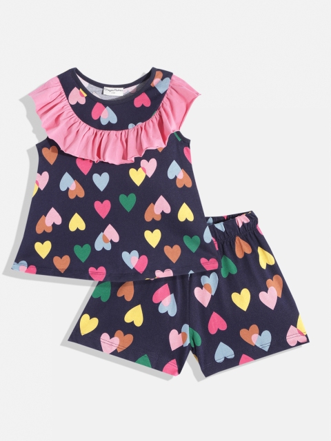 

CrayonFlakes Girls Navy Blue & Pink Printed Top with Shorts