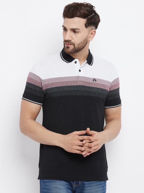 

98 Degree North Men Black Striped Polo Collar T-shirt