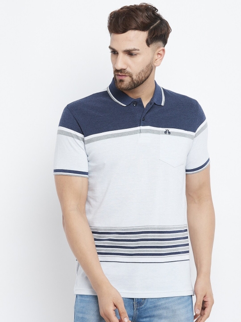 

98 Degree North Men Navy Blue & White Striped Polo Collar Cotton T-shirt