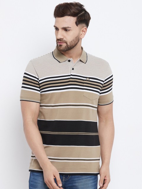 

98 Degree North Men Camel Brown & Black Striped Polo Collar T-shirt
