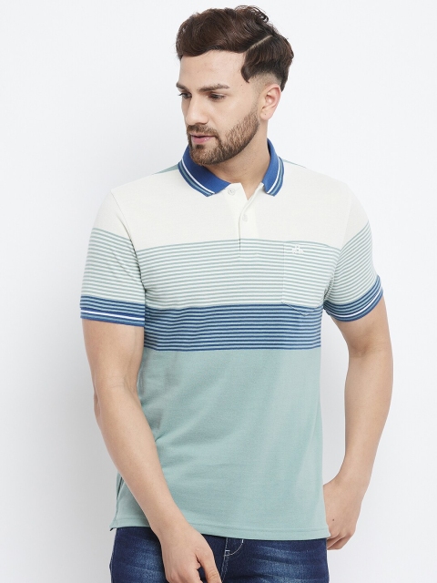 

98 Degree North Men Blue & White Striped Polo Collar T-shirt