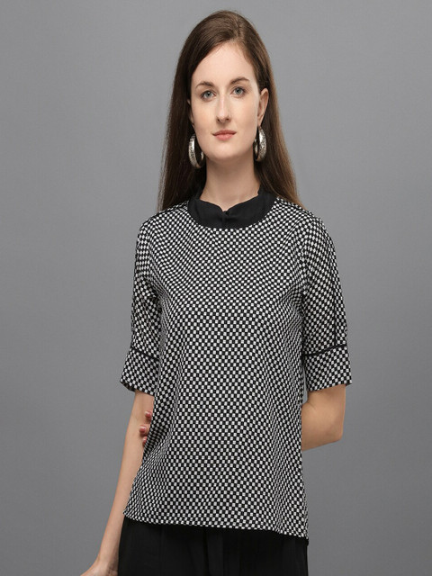 

Amrutam Fab Black Geometric Print Peter Pan Collar Crepe Top
