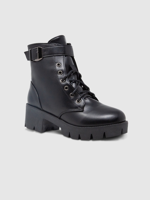 

LYKKEIN Black PU Platform Heeled Boots with Buckles