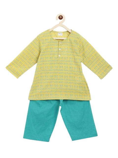 

Fabindia Boys Yellow Printed Pure Cotton Kurti with Trousers & With Dupatta
