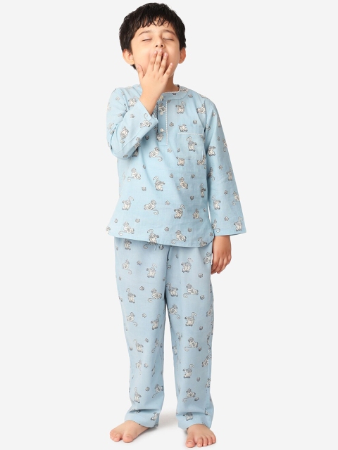 

Fabindia Boys Blue Printed Pure Cotton Night suit