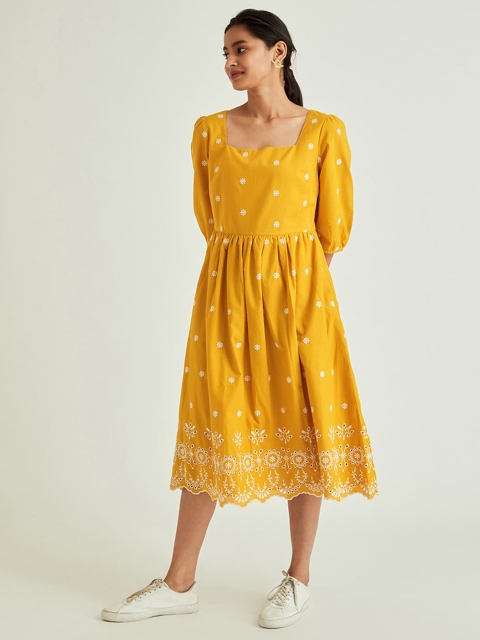 

Ancestry Mustard Yellow Floral Ethnic Midi Dress