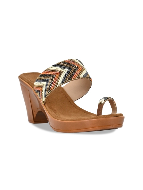 

Jove Tan Embellished PU Ethnic Block Sandals