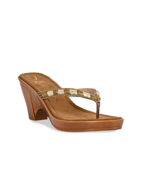 

Jove Gold-Toned & Brown Embellished PU Ethnic Block Heels