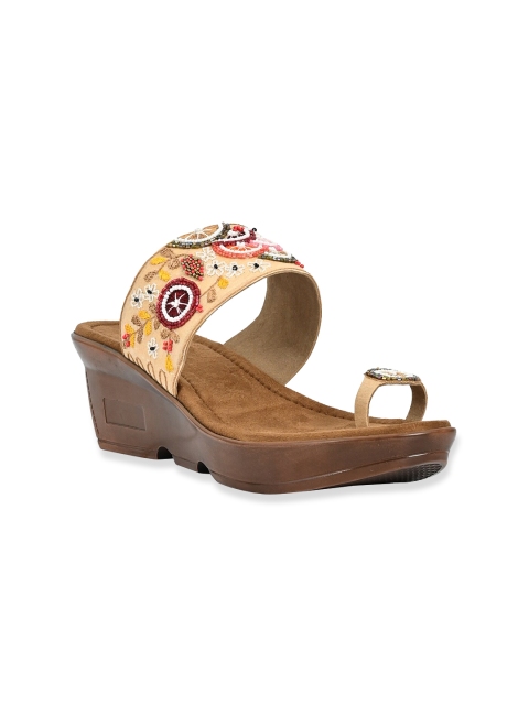 

Jove Beige & Brown Embellished PU Ethnic Wedge Sandals