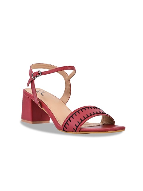 

Jove Pink & Black Embroidered PU Block Sandals