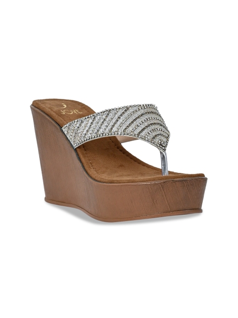 

Jove Silver-Toned & Brown Embellished PU Ethnic Flatform Sandals