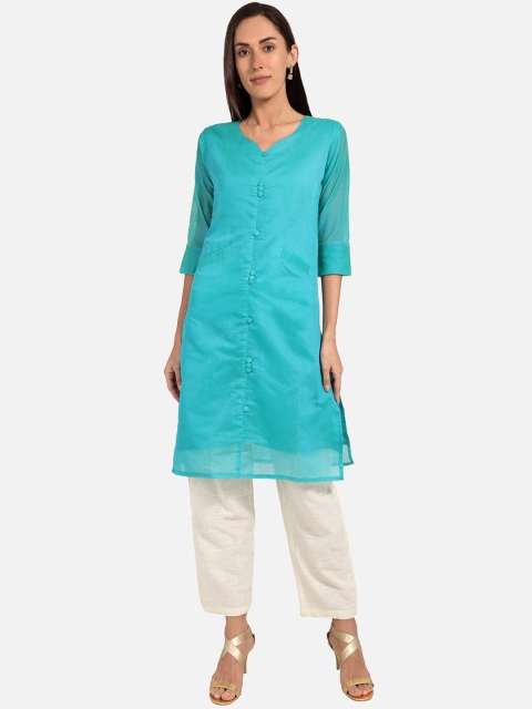 SALWAR STUDIO Women Blue Solid Straight Fit Cotton Kurta