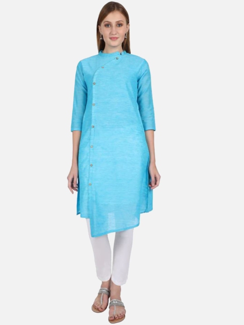 

SALWAR STUDIO Women Blue Cotton Straight Fit Angrakha Kurta