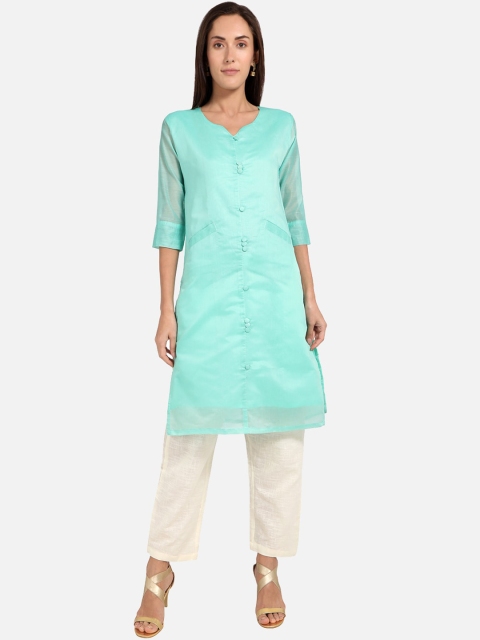 

SALWAR STUDIO Women Turquoise Blue A-Line Cotton Kurta