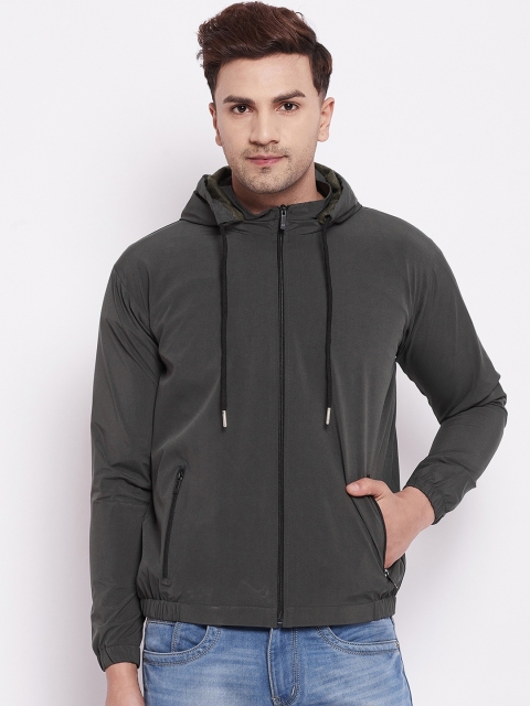 

Camey Men Grey Solid Hooded Lightweight Bomber Jacket