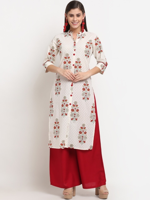 

Jinfo Women White Floral Printed Thread Work Block Print Kurta