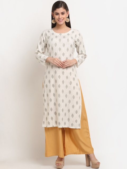 

Jinfo Women Off White Ethnic Motifs Block Print Cotton Straight Kurta