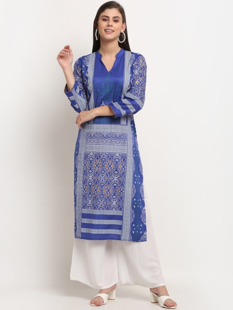 

Jinfo Women Blue Printed Thread Work Block Print Kurta