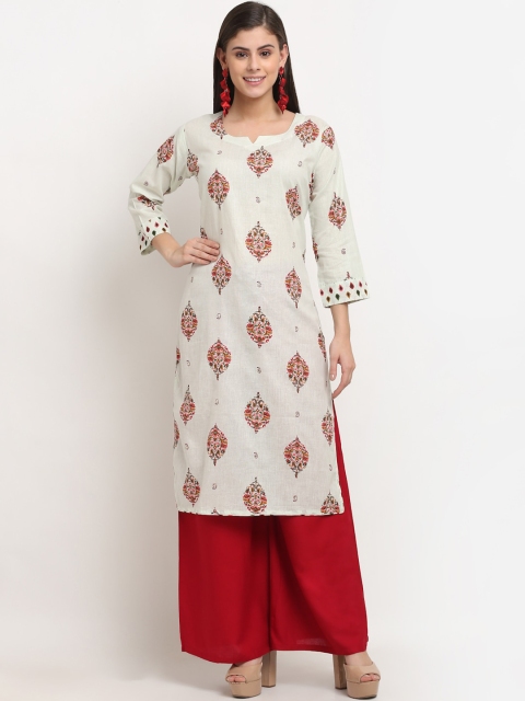 

Jinfo Women Off White & Red Ethnic Motifs Printed Cotton Kurta