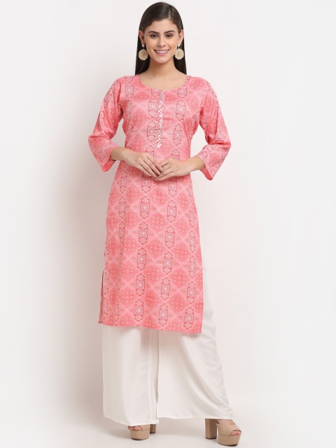 

Jinfo Women Peach-Coloured Ethnic Motifs Embroidered Flared Sleeves Thread Work Floral Kurta