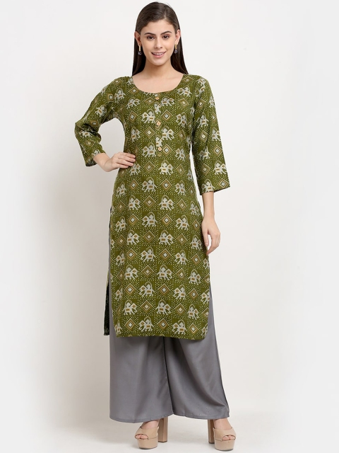 

Jinfo Women Green Quirky Printed Flared Sleeves Thread Work Block Print Kurta