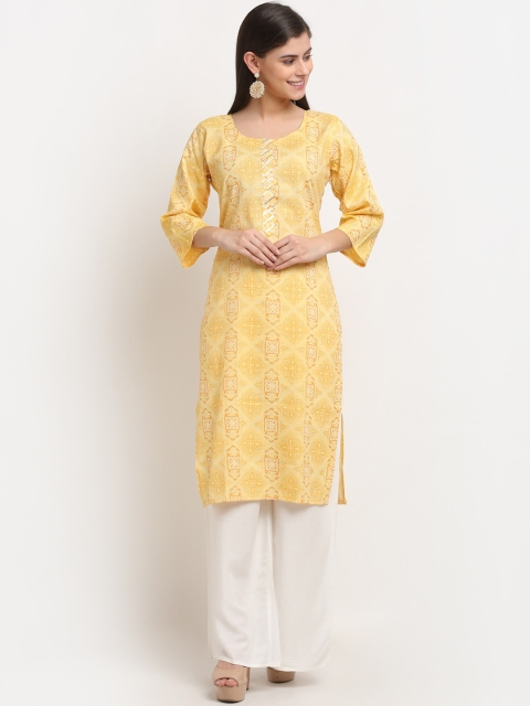 

Jinfo Women Yellow Ethnic Motifs Chikankari Floral Kurta