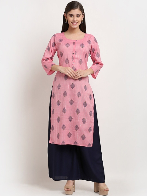 

Jinfo Women Pink Geometric Embroidered Flared Sleeves Thread Work Floral Kurta