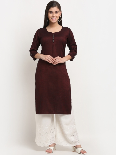 

Jinfo Women Maroon Three Quarter Sleeve Cotton Silk Kurta