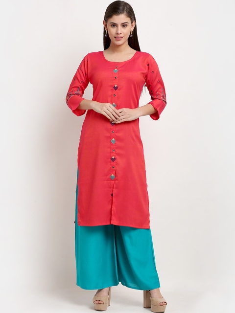 

Jinfo Women Coral & Green Geometric Sico Straight Kurta