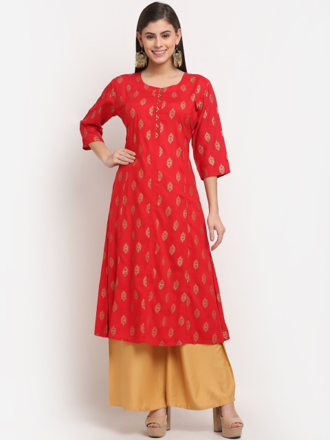 

Jinfo Women Red Ethnic Motifs Printed Block Print Kurta
