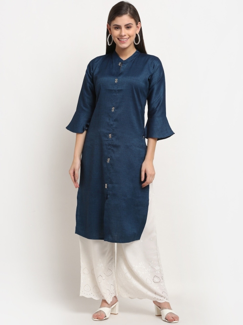 

Jinfo Women Blue Bell Sleeves Cotton Silk Kurta