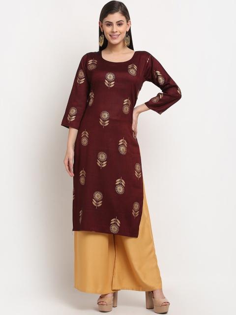 

Jinfo Women Maroon & Golden Floral Printed Sico Straight Kurta